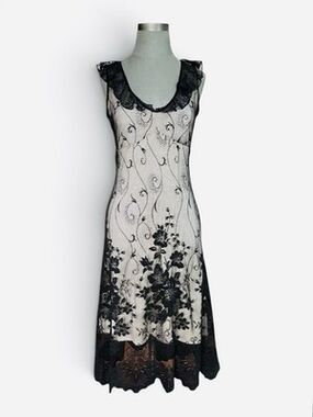 Reflex Black Floral Lace Midi Dress Sleeveless Ruffle Neck Beige Lining Womens M